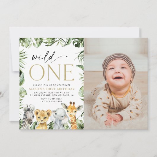 Jungle Animals, Safari, Wild One, erster Geburtsta Einladung (Vorderseite)