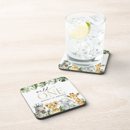 Jungle Animals, Safari, Wild One, erster Geburtsta Getränkeuntersetzer (Rechte Seite)