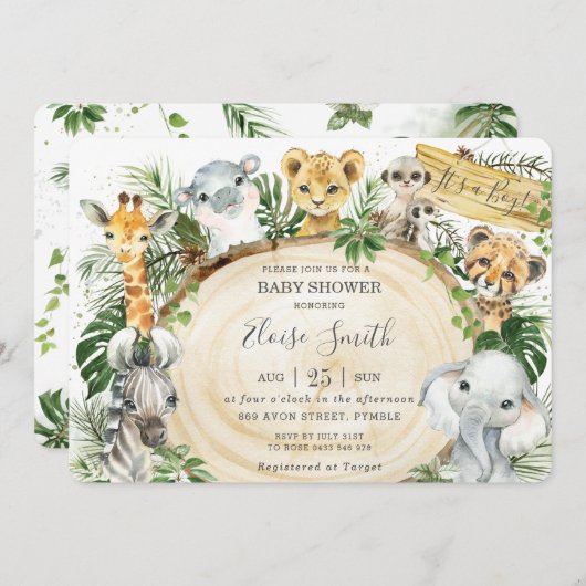 Jungle Animals Safari Wood Greenery Baby Dusche Einladung (Vorne/Hinten)