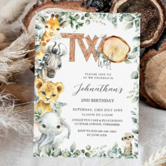 Jungle Animals Safari Zwei Wilde 2. Geburtstag Einladung