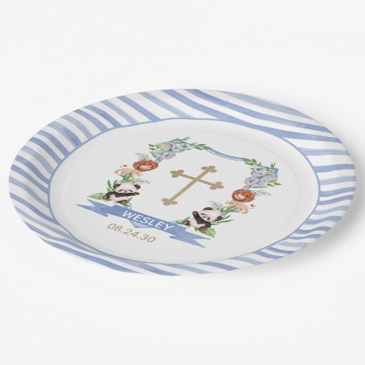 Jungle Animals Wappen Boy Taufen Papierplatte Pappteller (Schrägansicht)