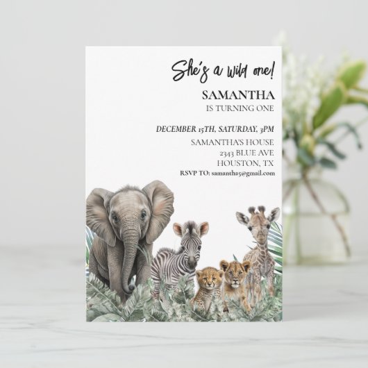 Jungle Animals Wild One Birthday Safari Party Einladung (Stehend Vorderseite)