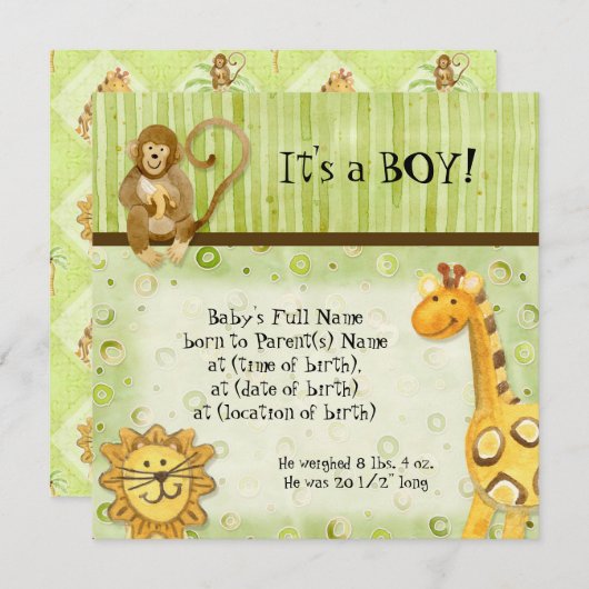 Jungle Babies, Boy Birth Ankündigung (Vorne/Hinten)