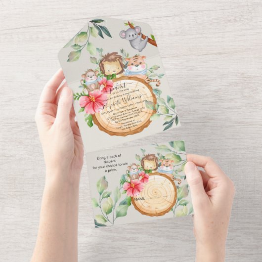 Jungle Baby Animals Dusche Grüne Safari All In One Einladung (Abreißen)