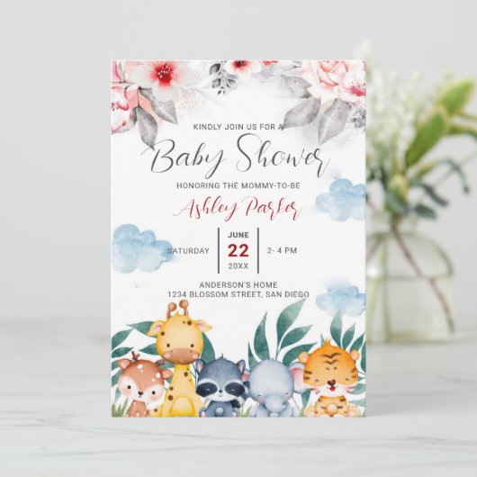 Jungle Baby Animals Einladung (Stehend Vorderseite)