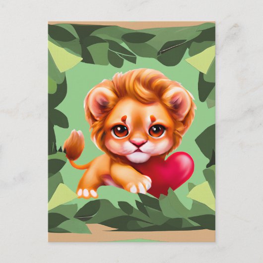 Jungle Baby Lion mit einem roten Herz Postkarte (Vorderseite)