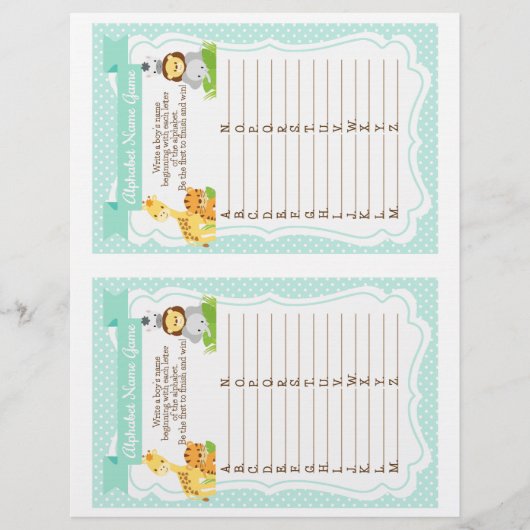 Jungle Baby Shower Alphabet Junge Name Game (Vorderseite)