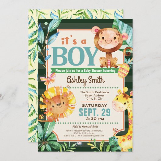 Jungle Baby Shower Einladung Boy (Vorne/Hinten)