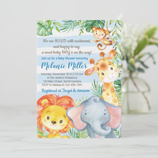Jungle Baby Shower Einladung, Boy Elephant Baby Einladung (Stehend Vorderseite)