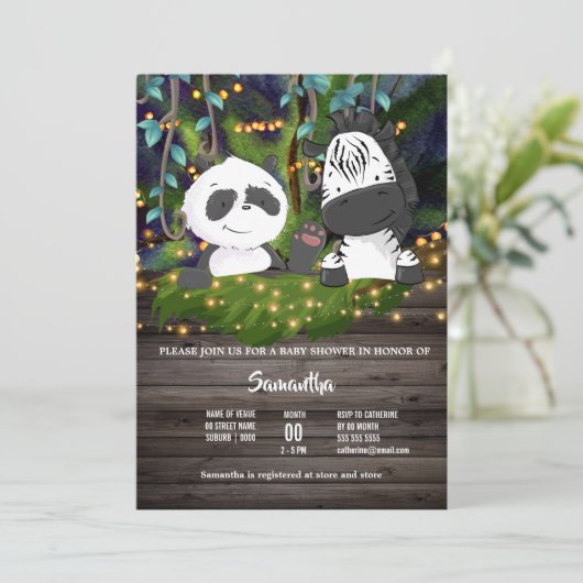 Jungle baby zebra panda Bär Weinleuchten Einladung (Stehend Vorderseite)