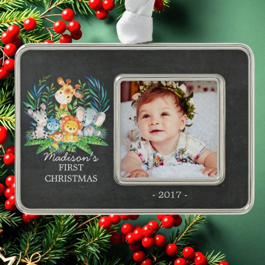 Jungle Baby's 1. Weihnachts-Foto Ornament Rahmen-Ornament Silber