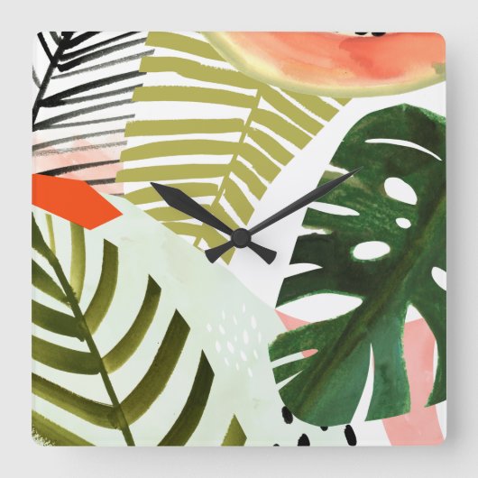 Jungle Beat Tropical Greenery Quadratische Wanduhr (Vorderseite)