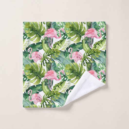 Jungle Blätter Pink Flamingo Badhandtuch Set (Waschlappen)