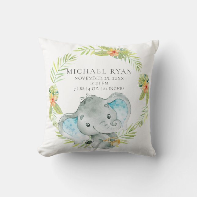 Jungle Boy Elephant Baby Birth Stats Pillow Kissen (Vorderseite)