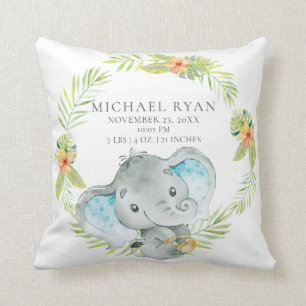 Jungle Boy Elephant Baby Birth Stats Pillow Kissen
