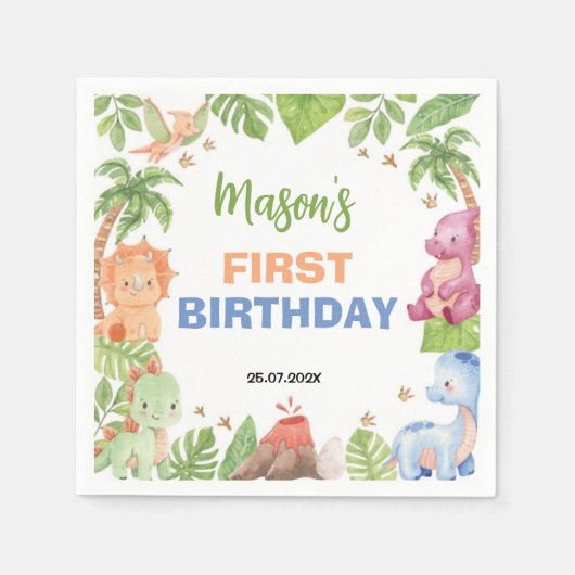 Jungle Dinosaur Boy Birthday Party Napkins Serviette (Vorderseite)
