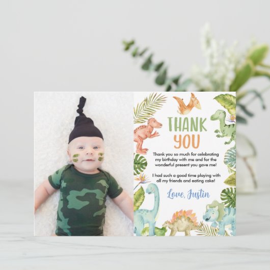 Jungle Dinosaurier Geburtstag Foto Danke Karte (Stehend Vorderseite)