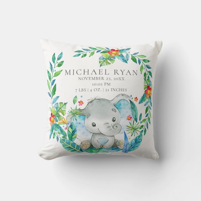 Jungle Elephant Baby Birth Stats Pillow Kissen (Vorderseite)