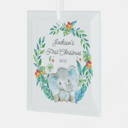 Jungle Elephant Baby's First Christmas Ornament Aus Glas (Vorderseite links)