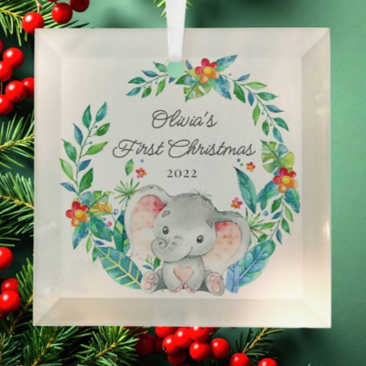 Jungle Elephant Baby's First Christmas Ornament Aus Glas