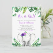Jungle Elephant Girl Lila Baby Dusche Einladung (Stehend Vorderseite)