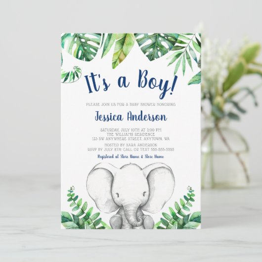 Jungle Elephant Navy Boy Baby Shower Einladungen (Stehend Vorderseite)
