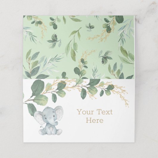 Jungle Elephant Watercolor Grüne goldene Vegetatio Platzkarte (Außenseite Aufgefaltet)