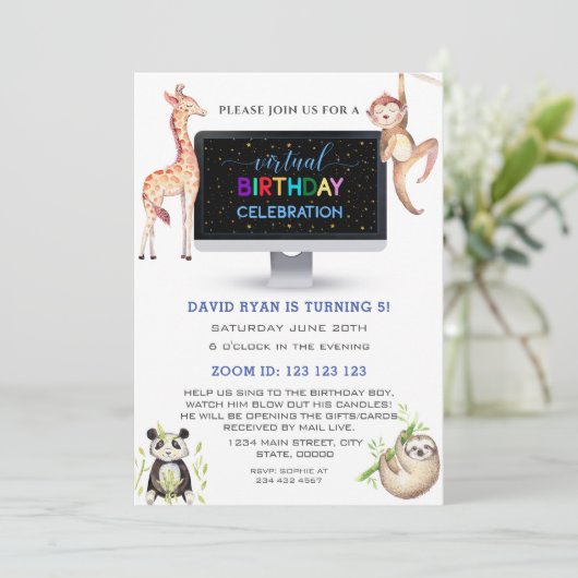 Jungle Forest Friends Boy Virtual Birthday Party Einladung (Stehend Vorderseite)