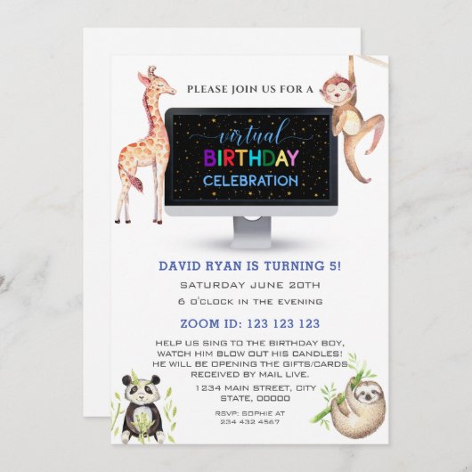 Jungle Forest Friends Boy Virtual Birthday Party Einladung (Vorne/Hinten)