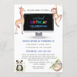 Jungle Forest Friends Boy Virtual Birthday Party Einladung<br><div class="desc">JEDES Alter für Kinder! Organisieren Sie eine virtuelle Geburtstagsfeier und feiern Sie mit Freunden und Familie. Charmantes Design mit einem modernen schwarzen Desktop, Panda Bär, Steckplatz, Affen Giraffe Dschungelwald Freund in Aquarell, farbenfrohe "virtuelle Geburtstagsfeier" Typografie. Verwenden Sie das Tool Personalisieren, um Ihre Informationen hinzuzufügen. Für passende Artikel besuchen Sie bitte...</div>