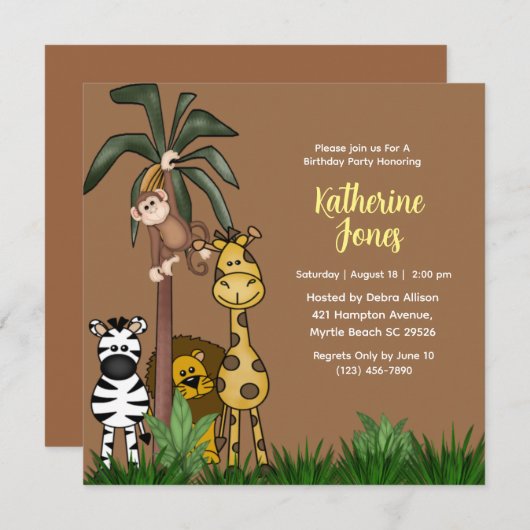 Jungle Friends Geburtstagsfeier Einladung (Vorne/Hinten)