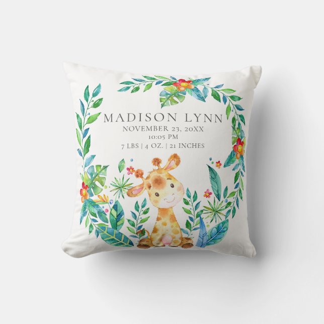 Jungle Giraffe Baby Birth Stats Pillow Kissen (Vorderseite)