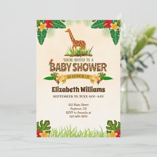 Jungle Giraffe Babydusche Einladung (Stehend Vorderseite)