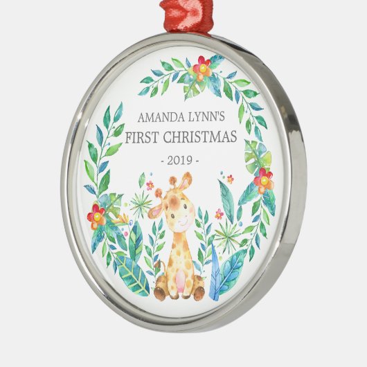 Jungle Giraffe Baby's First Christmas Ornament Aus Metall (Links)