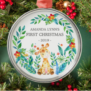 Jungle Giraffe Baby's First Christmas Ornament Aus Metall