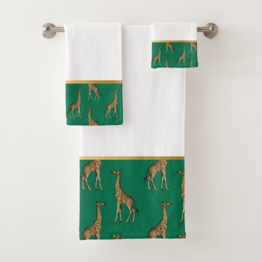 JUNGLE GIRAFFE TRIMMED GOLD BADEZIMMER TOWEL SET (Insitu)