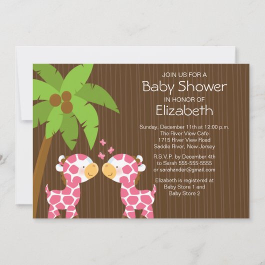 Jungle Giraffe Twin Girls Baby Shower Invitation Einladung (Vorderseite)