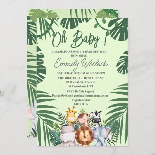 Jungle Green Foilage Wild niedlicher Tiere Einladu Einladung (Vorne/Hinten)