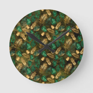 Jungle Green Yellow Tropical Palm Leaves Runde Wanduhr