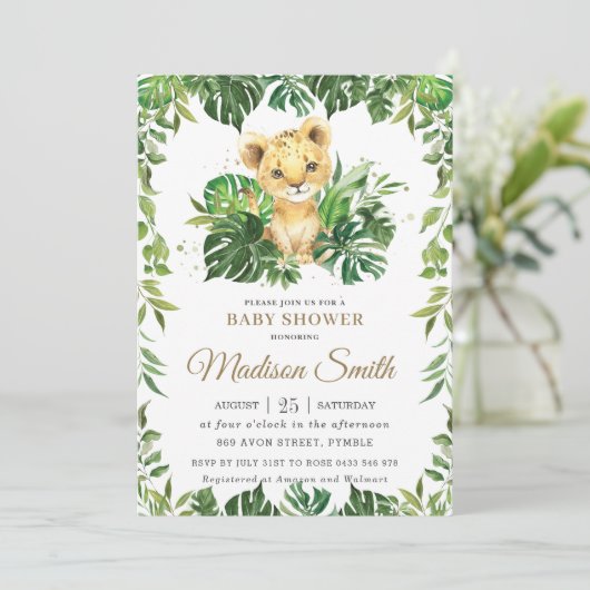 Jungle Greenery Adorable Lion Cub Boy Babydusche Einladung (Stehend Vorderseite)