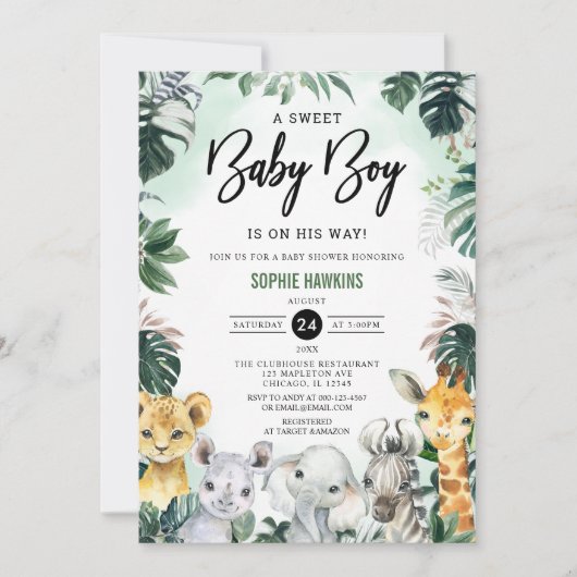 Jungle Greenery Wild Safari Animals Baby Shower Einladung (Vorderseite)