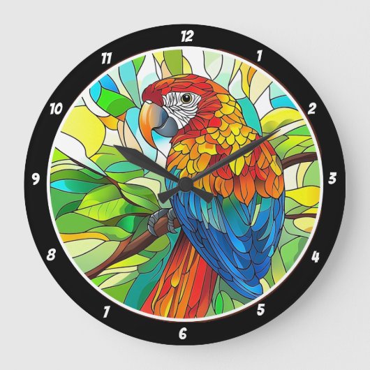 Jungle Harmony" - Hartglaspapagei Große Wanduhr (Vorderseite)