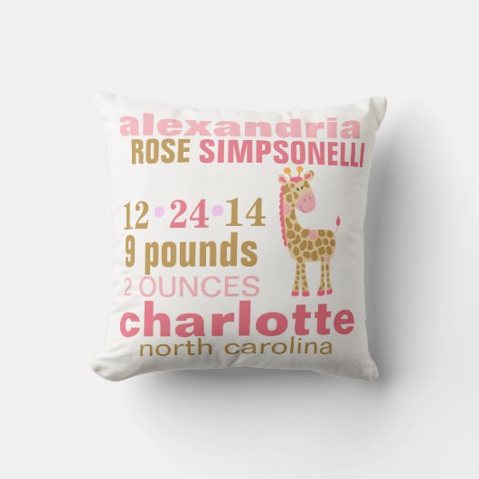 Jungle Jill Pink Giraffe Geburtsankündigung Kissen (Vorderseite)