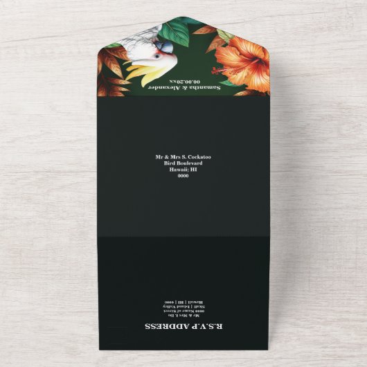 Jungle-Kakadu-Papagei-Hibiskus All In One Einladung (Außenbereich)