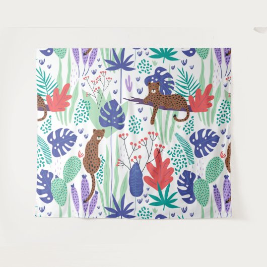 Jungle Katzen mit Blume und Blätter Wandteppich (Vorderseite (Horizontal))