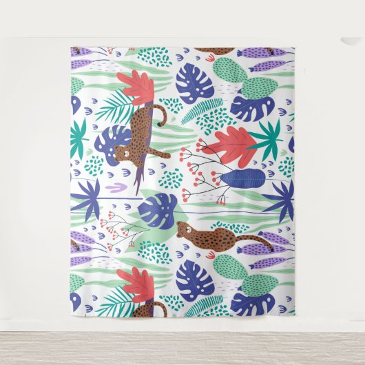 Jungle Katzen mit Blume und Blätter Wandteppich (Vorderseite)