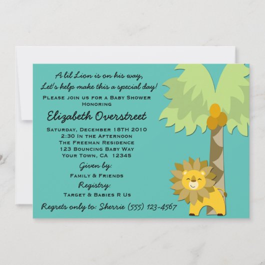 Jungle King Lion Aquamarin Boy Baby Dusche Zoo Saf Einladung (Vorderseite)