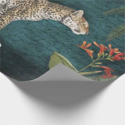 Jungle Leopard Tropical Floral Aquamarin Blue Deco Geschenkpapier (Ecke)
