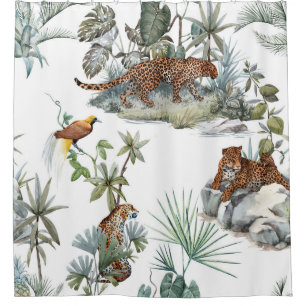 Jungle Leopard Wasserfarbe Tropische Szene Duschvorhang
