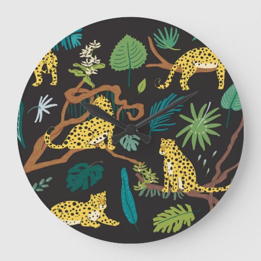 Jungle Leopards: Illustrationen zur Vintagen Tierw Große Wanduhr (Vorderseite)